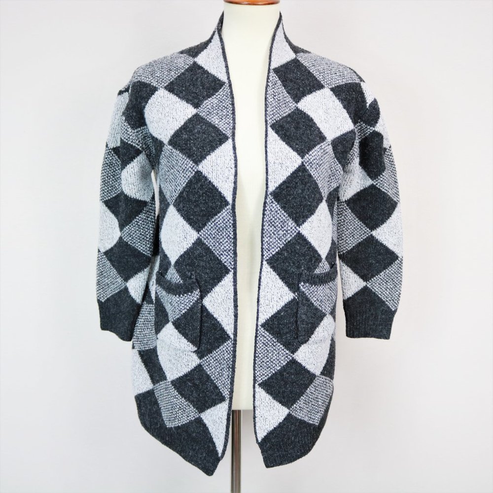 Gray White Checkered Open Knit Cardigan Jacket Women’s Size M